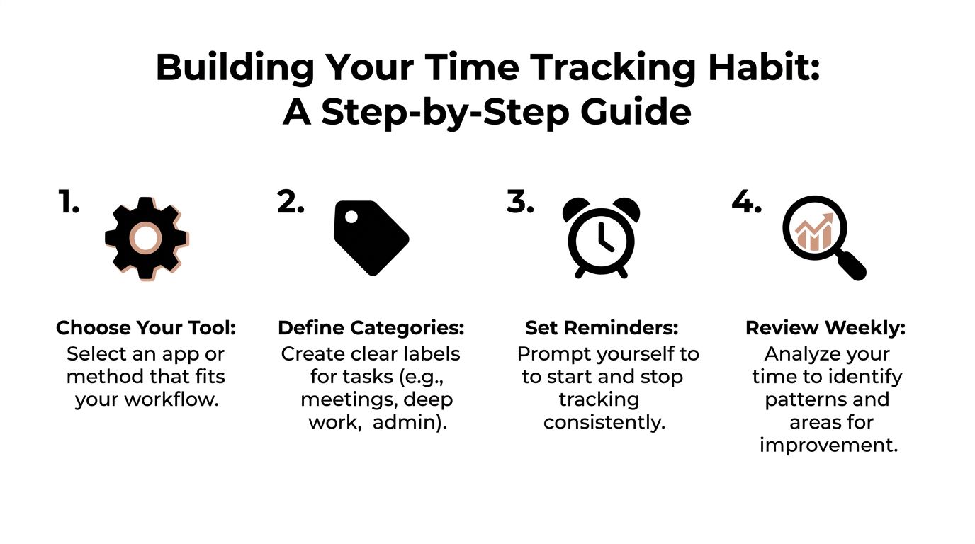 A four-step infographic showing how to build a time tracking habit, including choosing tools and weekly reviews.