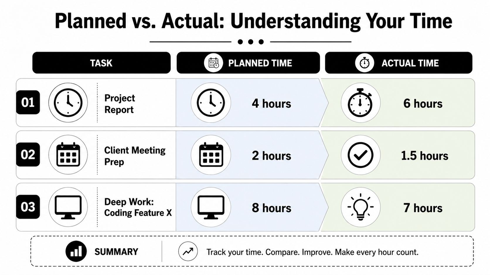 A comparison chart showing planned versus actual time spent on three professional tasks in a table format.