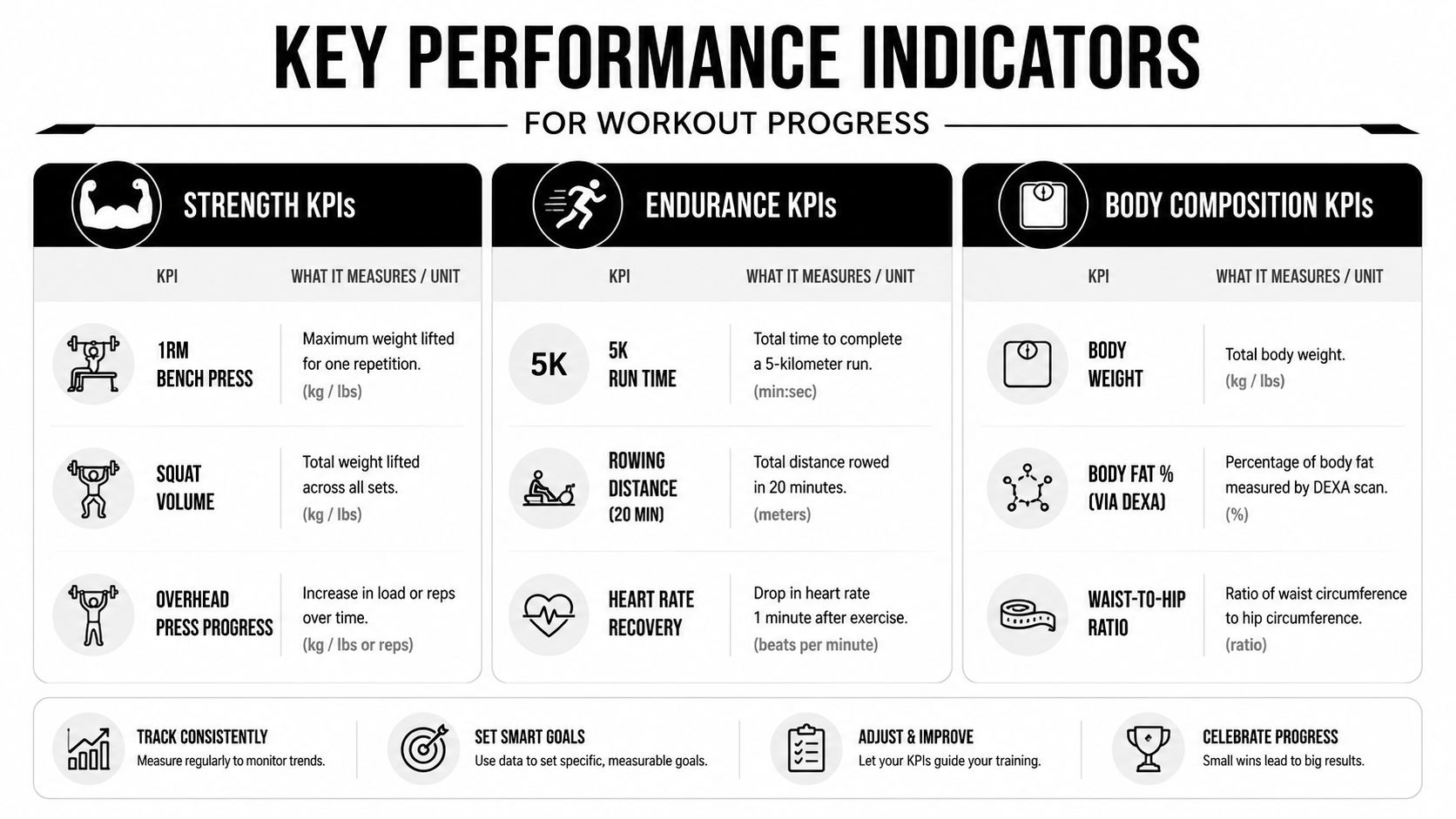 A chart detailing key performance indicators for tracking workout progress across strength, endurance, and body composition categories.