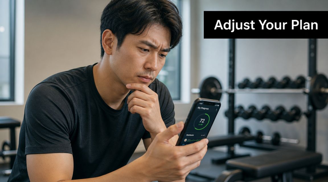 A fit man sitting in a gym looking thoughtfully at his workout progress on his smartphone screen.