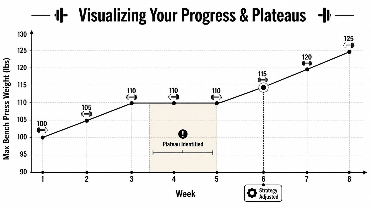 A line chart showing progress in max bench press weight over eight weeks, identifying a training plateau.