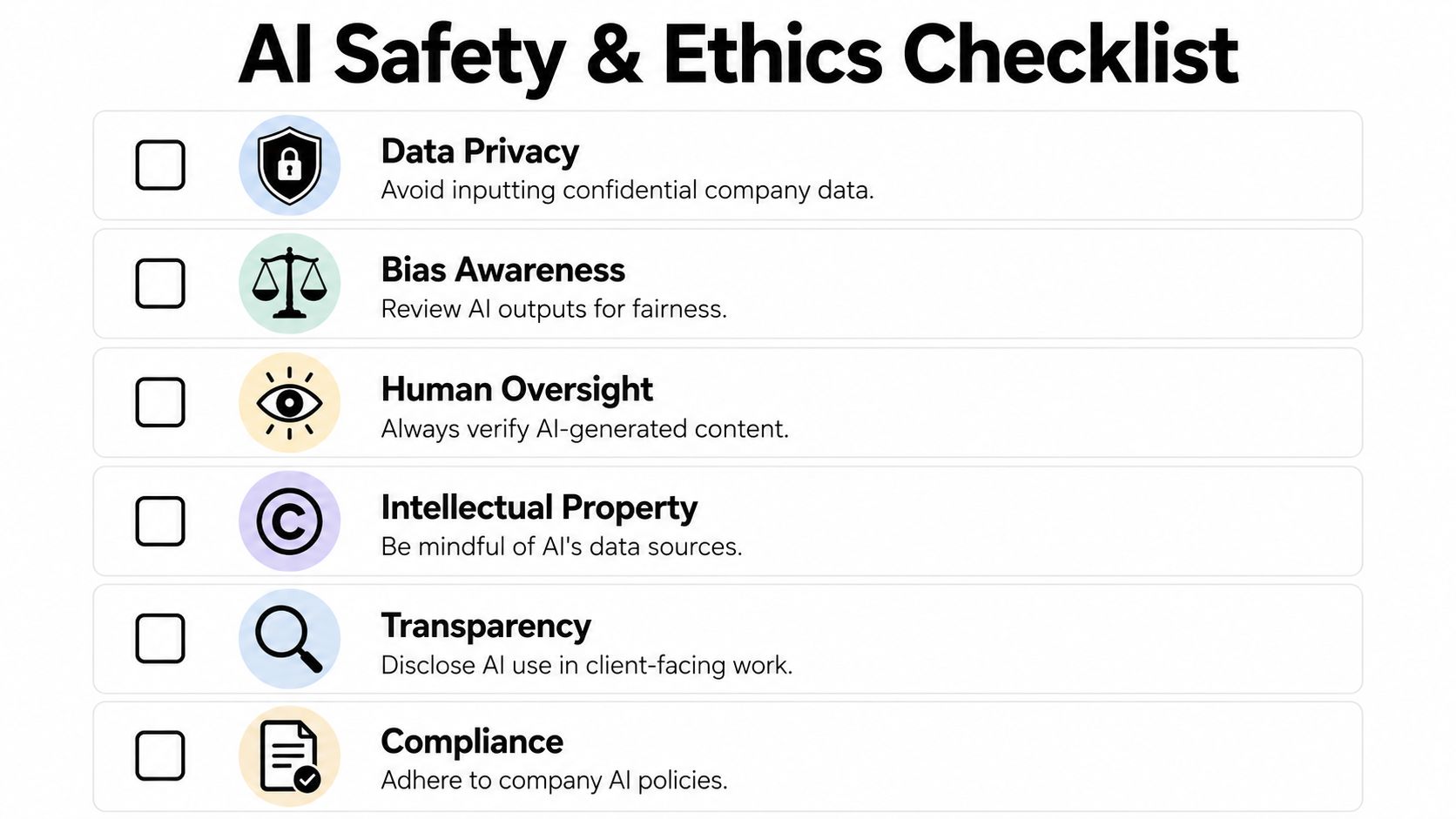 A checklist for AI safety and ethics, outlining guidelines for responsible artificial intelligence usage at work.
