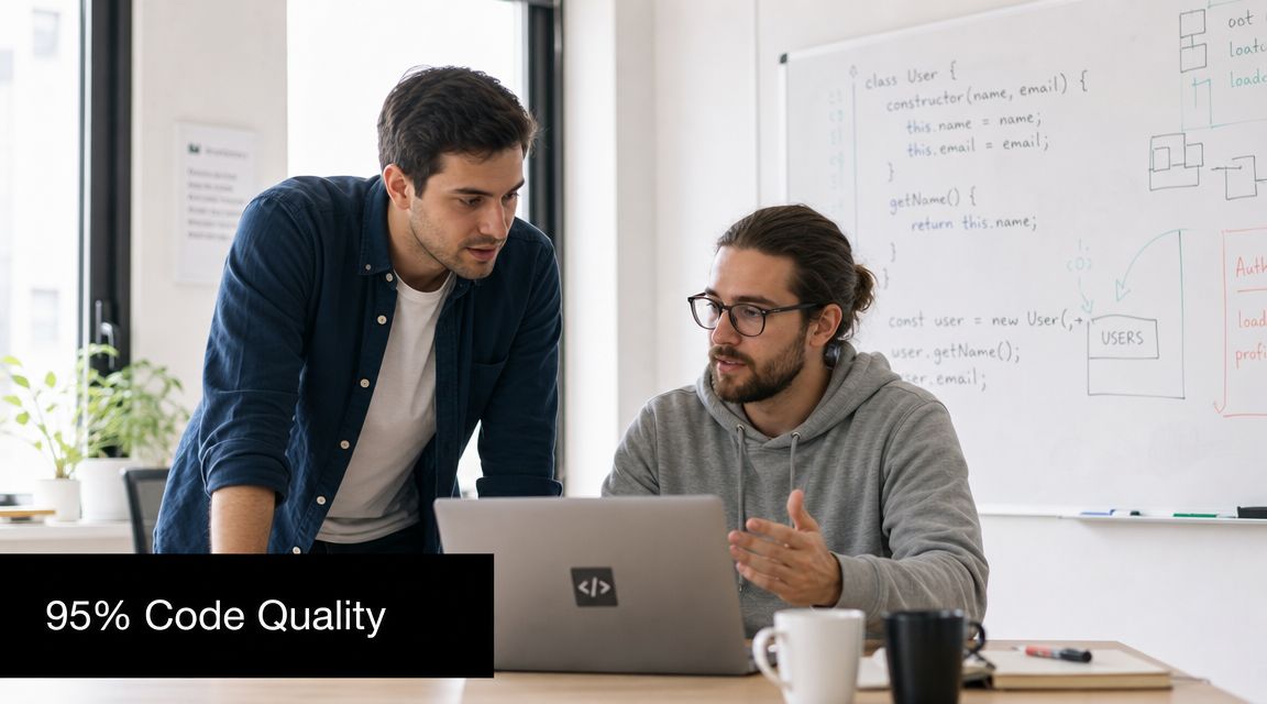 Two software developers collaborating on a project while reviewing code on a laptop in a modern office.
