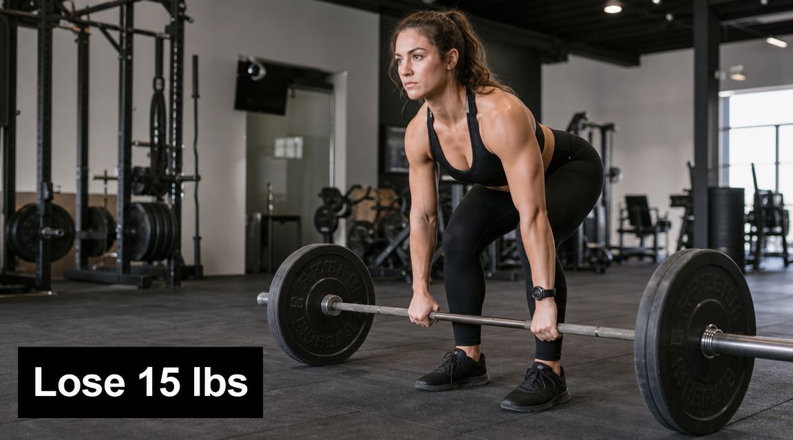 A fit woman in a gym performing a deadlift exercise, focusing on her strength training routine.