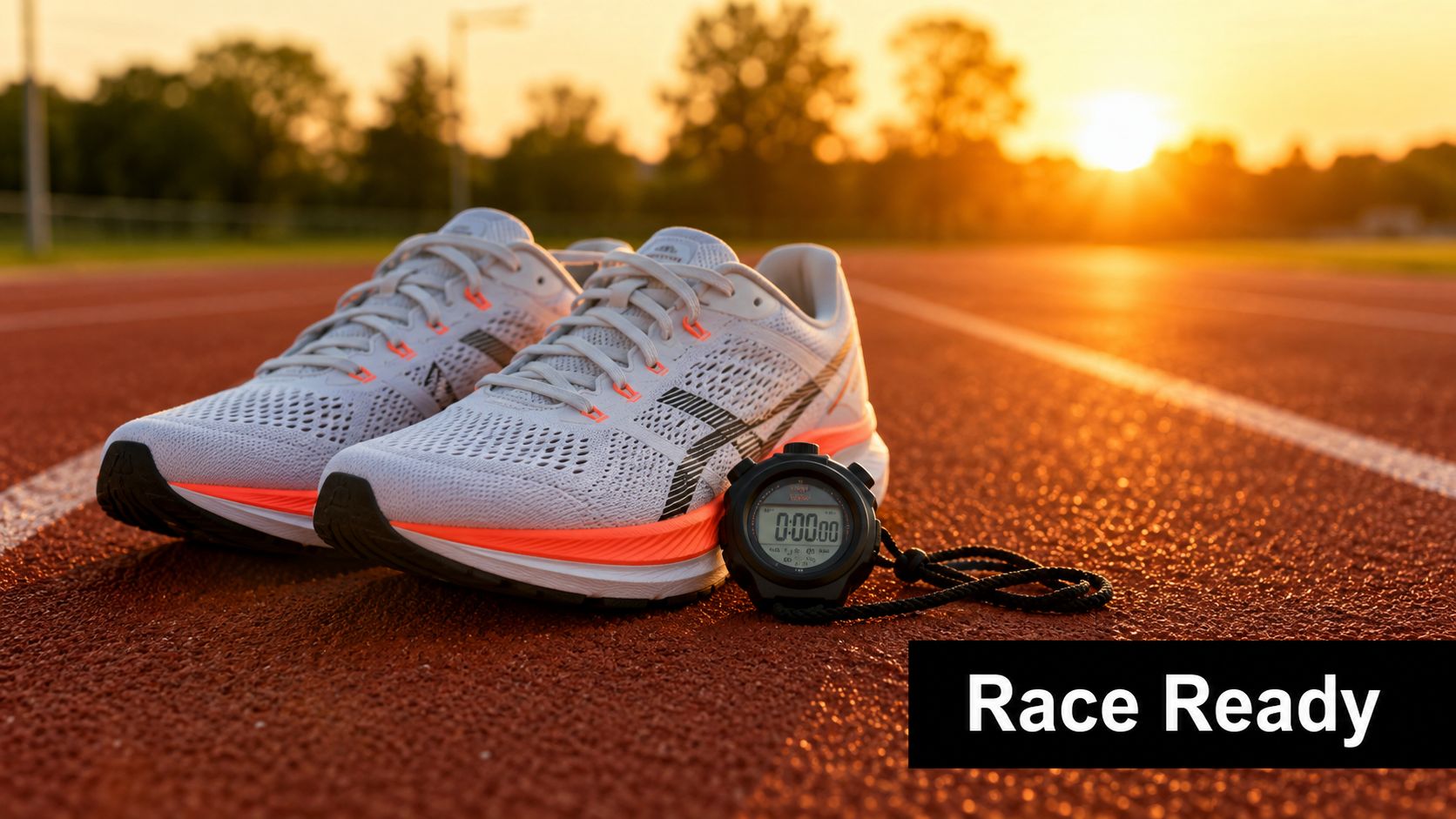 A pair of white running shoes with orange accents and a digital stopwatch on an athletic track.