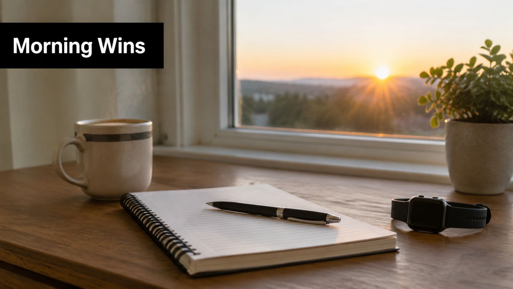 A cup of coffee and a notebook on a desk by a window at sunrise.