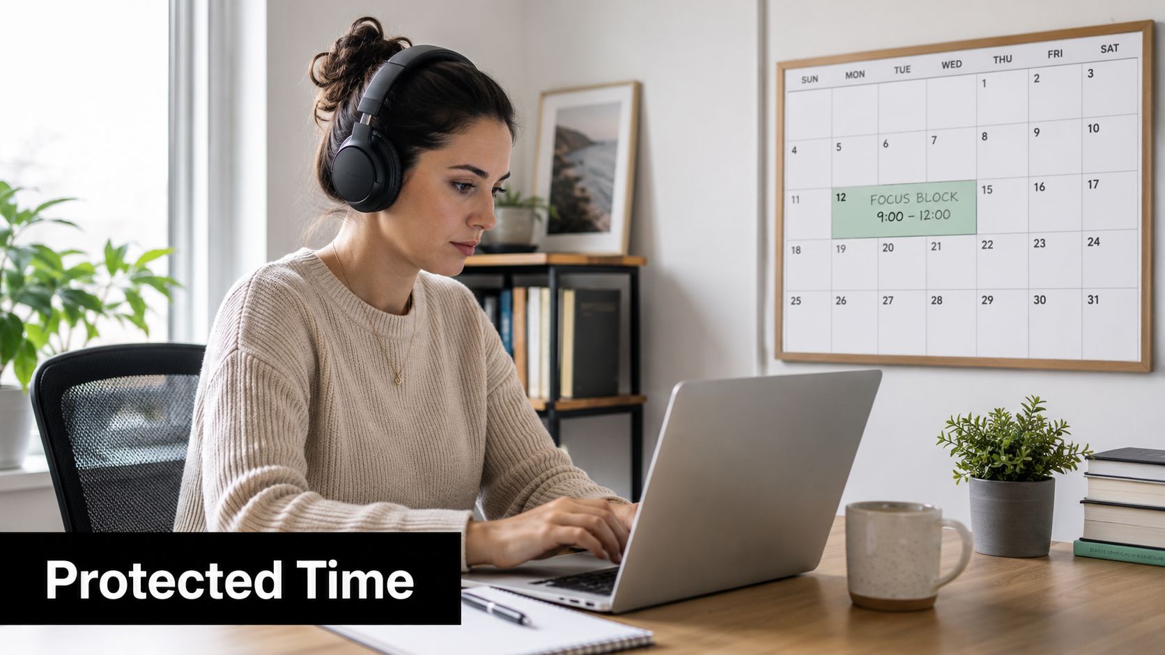 A woman wearing headphones working on her laptop in a home office with a wall calendar.