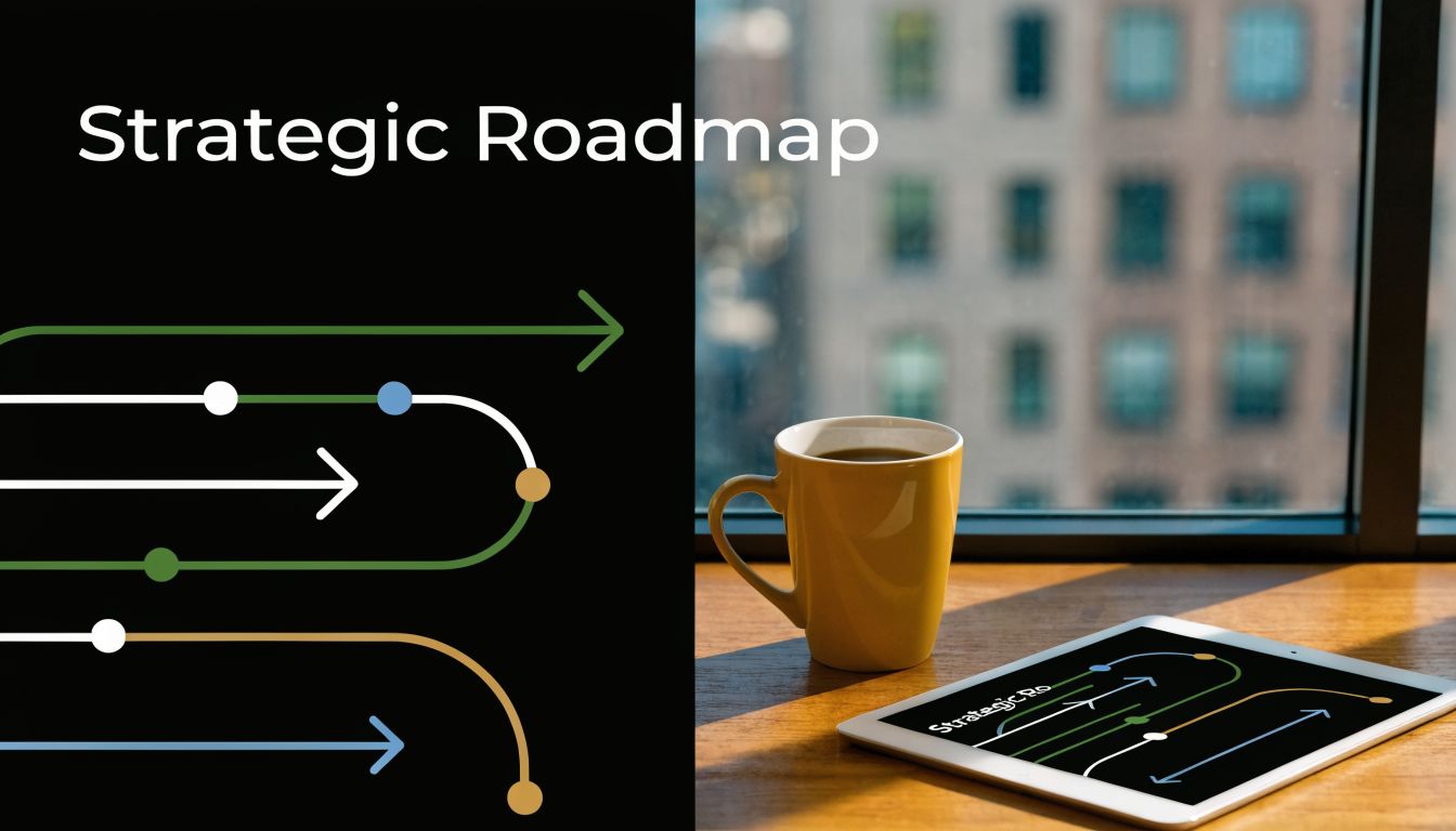 A strategic roadmap graphic displayed on a tablet next to a yellow mug by a window.