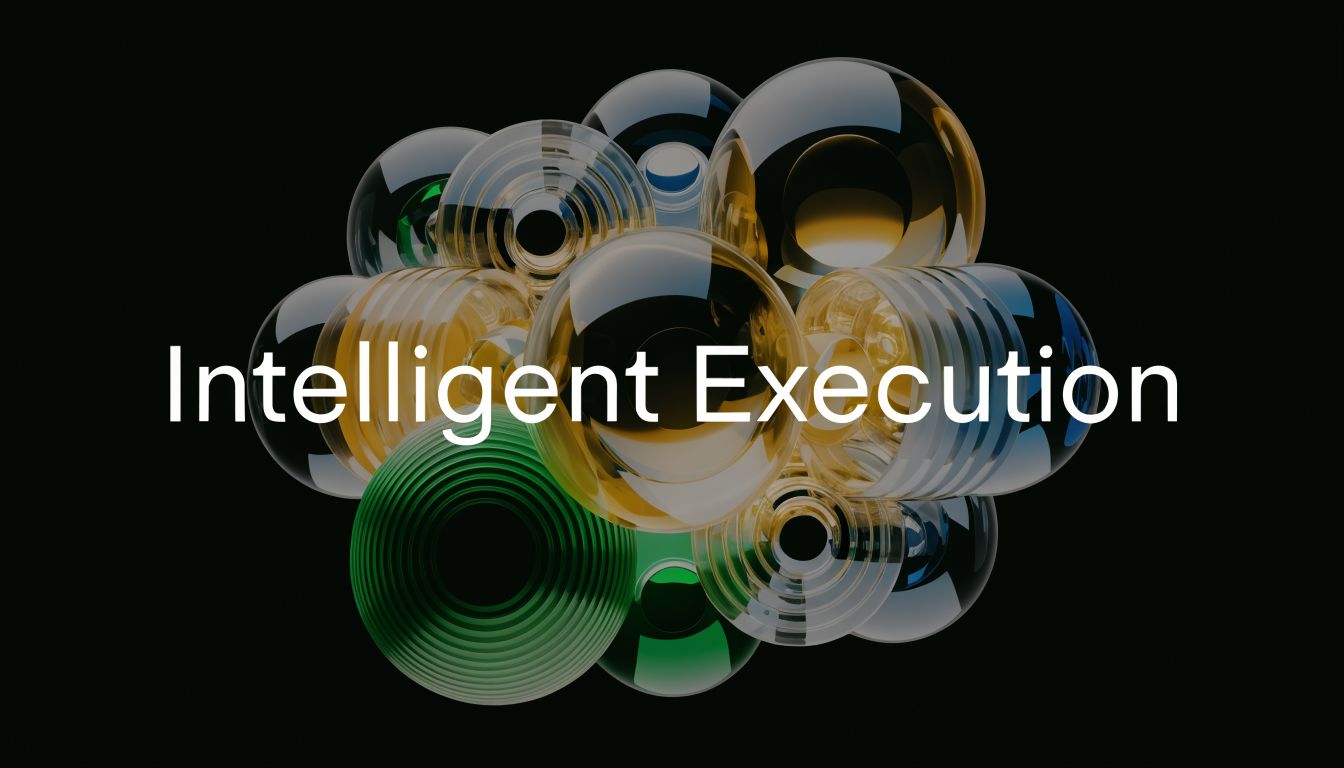 A modern, abstract digital graphic featuring translucent, layered spheres and the text Intelligent Execution in white.