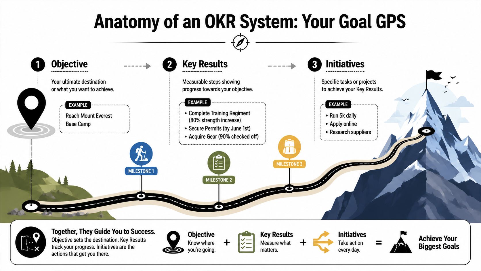 An infographic diagram explaining the OKR framework with objectives, key results, and initiatives illustrated as a mountain journey.