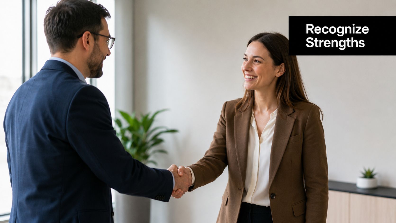 A professional man and woman shaking hands in a bright, modern office setting during a meeting.