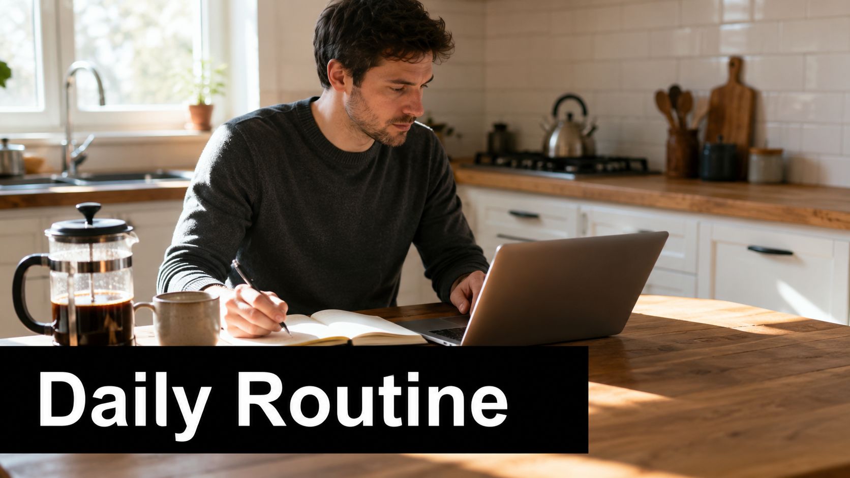 A man working on his laptop and writing in a notebook in a bright, modern home kitchen.