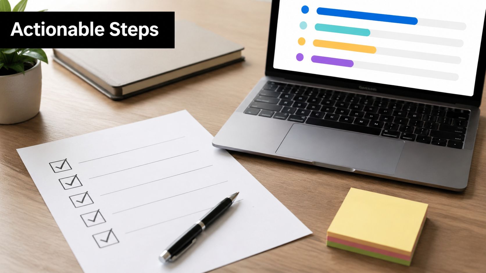 A clean desk featuring a checklist, a laptop with data visualizations, a pen, and sticky notes.