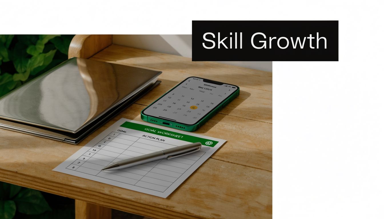 A goal worksheet with a pen and a smartphone displaying a calendar on a wooden table.