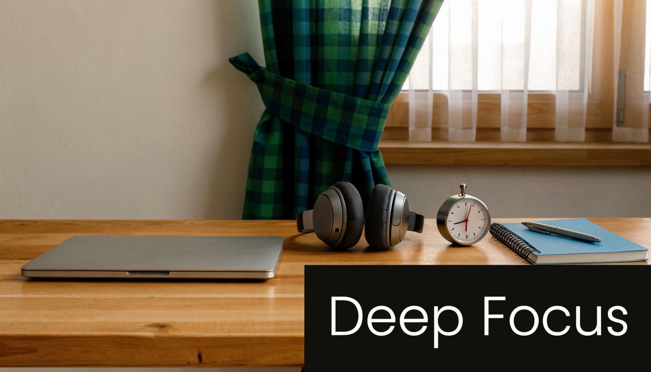 A clean desk setup featuring a laptop, headphones, an analog timer, and a notebook for productivity.