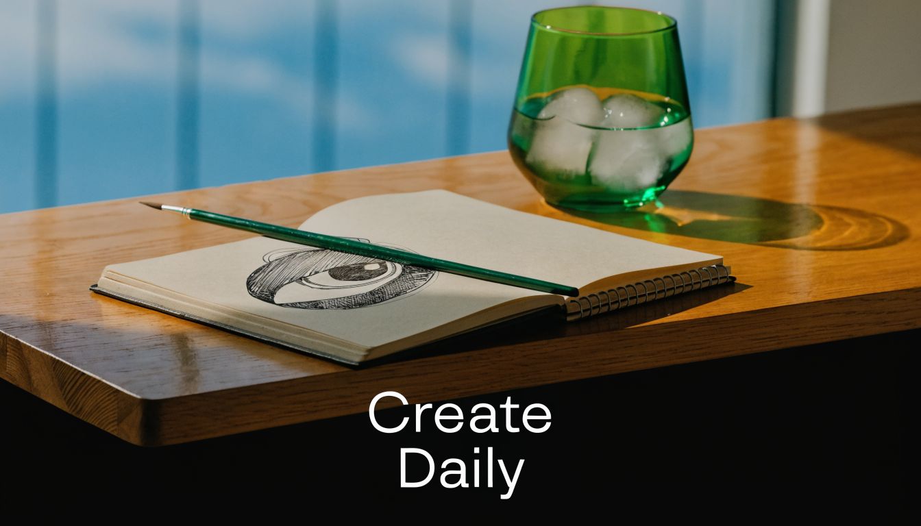 An open sketchbook with a detailed eye drawing and a green pen on a wooden table near a glass of water.