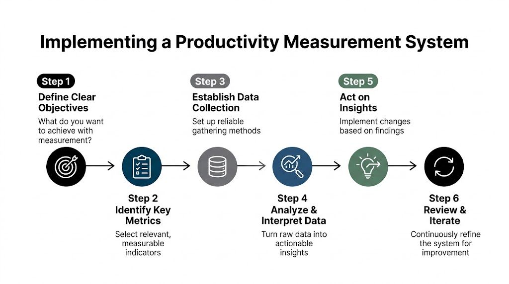 A diagram outlining a six-step process for implementing a productivity measurement system in an organization.