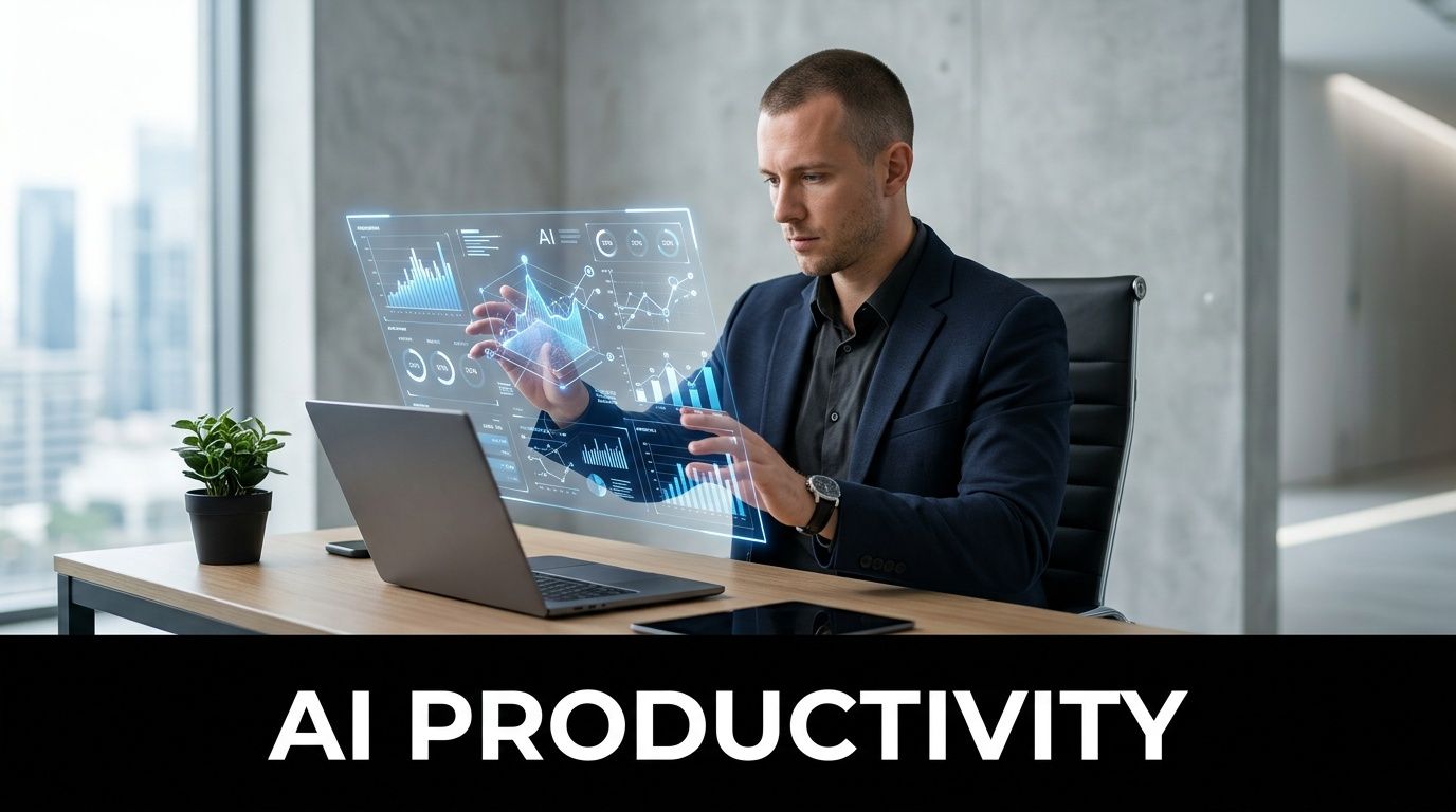 A professional man using a laptop and interacting with a holographic interface representing data analytics.