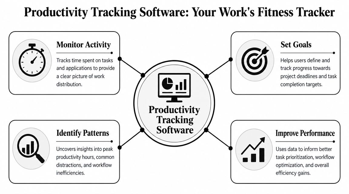 A diagram illustrating the key benefits of productivity tracking software for monitoring work, setting goals, and performance.