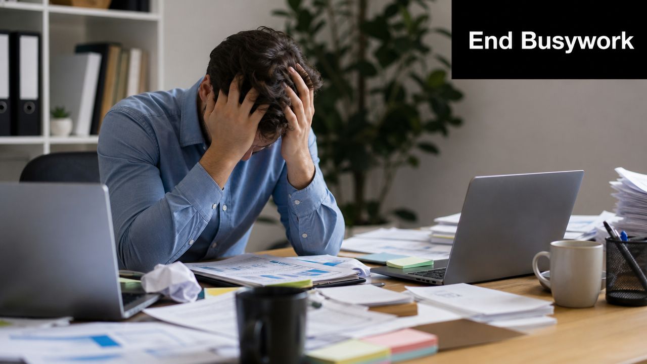 A stressed man sitting at a desk with two laptops, struggling with his heavy workload.