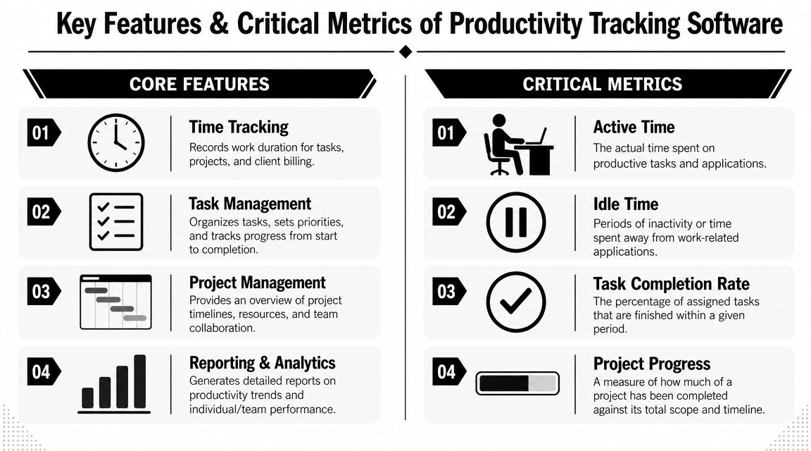 An infographic showing core features and critical metrics of productivity tracking software for business and team management.