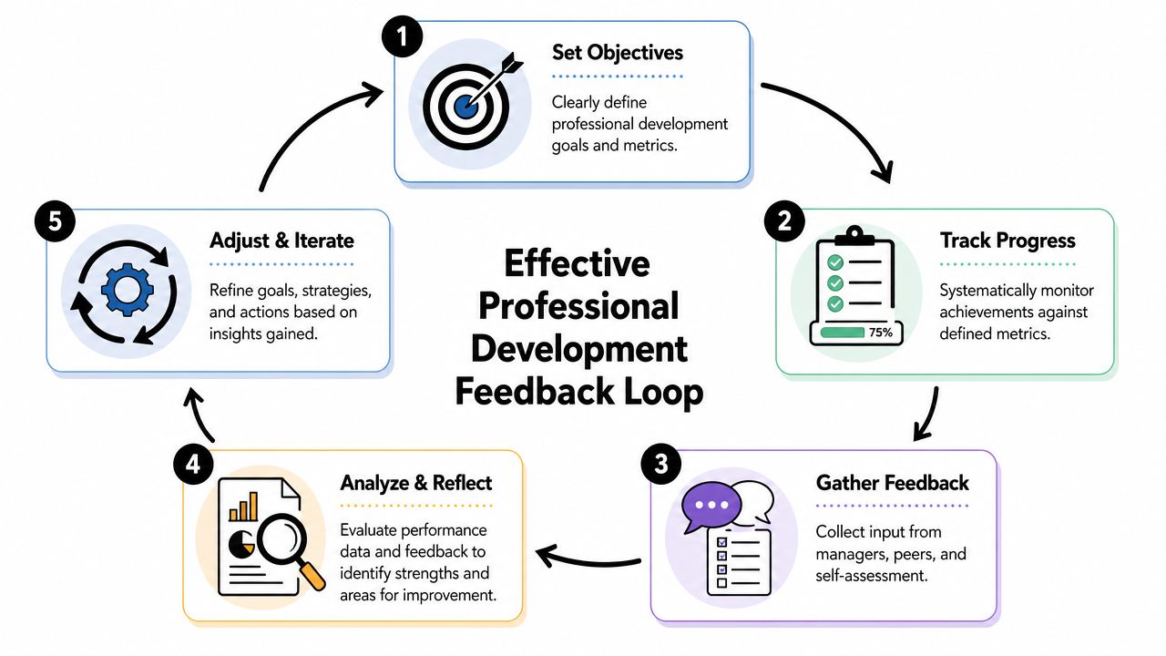 A circular diagram illustrating five steps of an effective professional development feedback loop for employee growth.