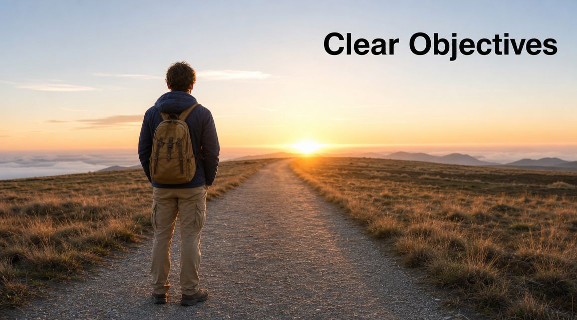 A hiker with a backpack stands on a mountain path looking towards a bright sunrise horizon.