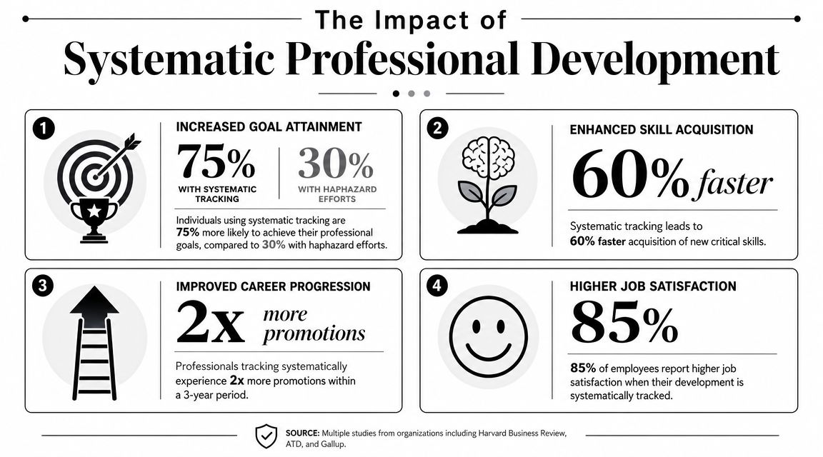 An infographic showing the four key benefits of systematic professional development tracking in the workplace.