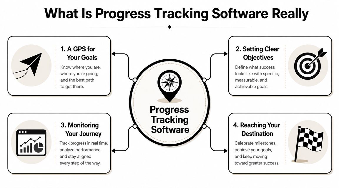 An infographic titled What Is Progress Tracking Software, detailing its four main functions for achieving goals.