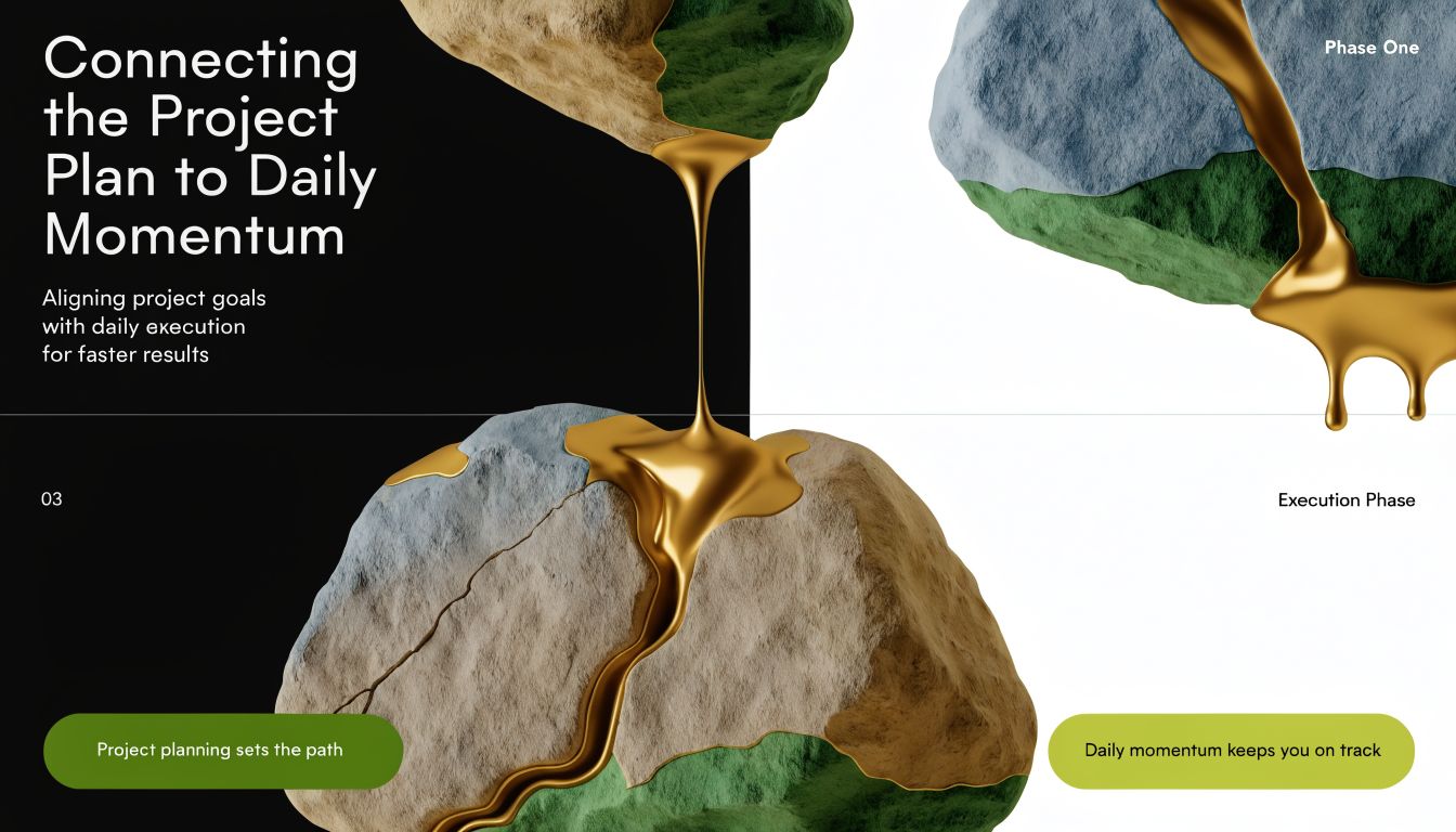 A conceptual graphic illustrating project planning and daily execution using rocks connected by flowing liquid gold.