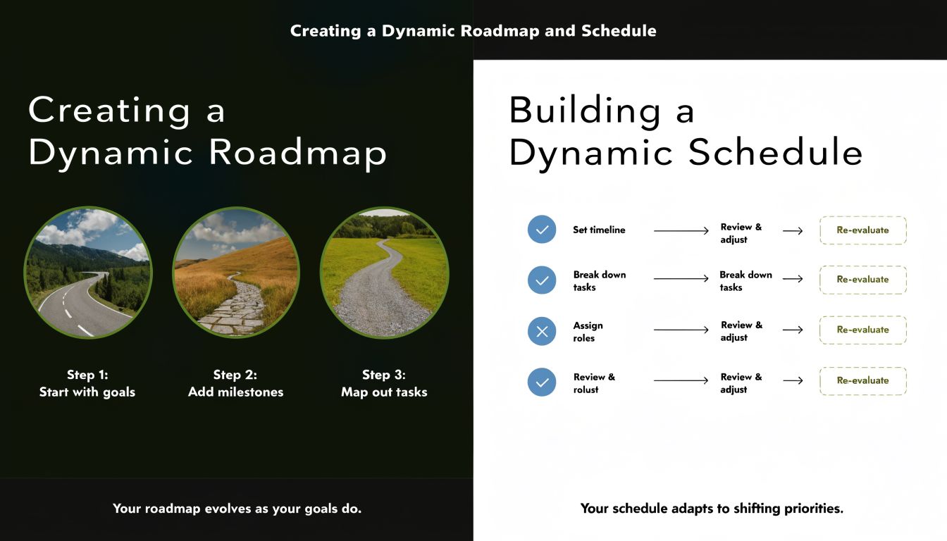 A visual guide explaining the steps for creating a dynamic project roadmap and adapting a flexible schedule.
