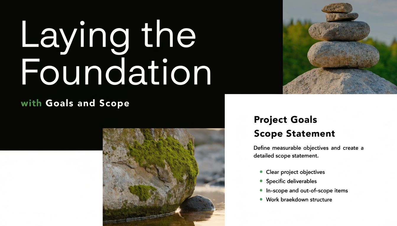 A slide presentation title about laying the foundation for software projects using goals and scope statements.