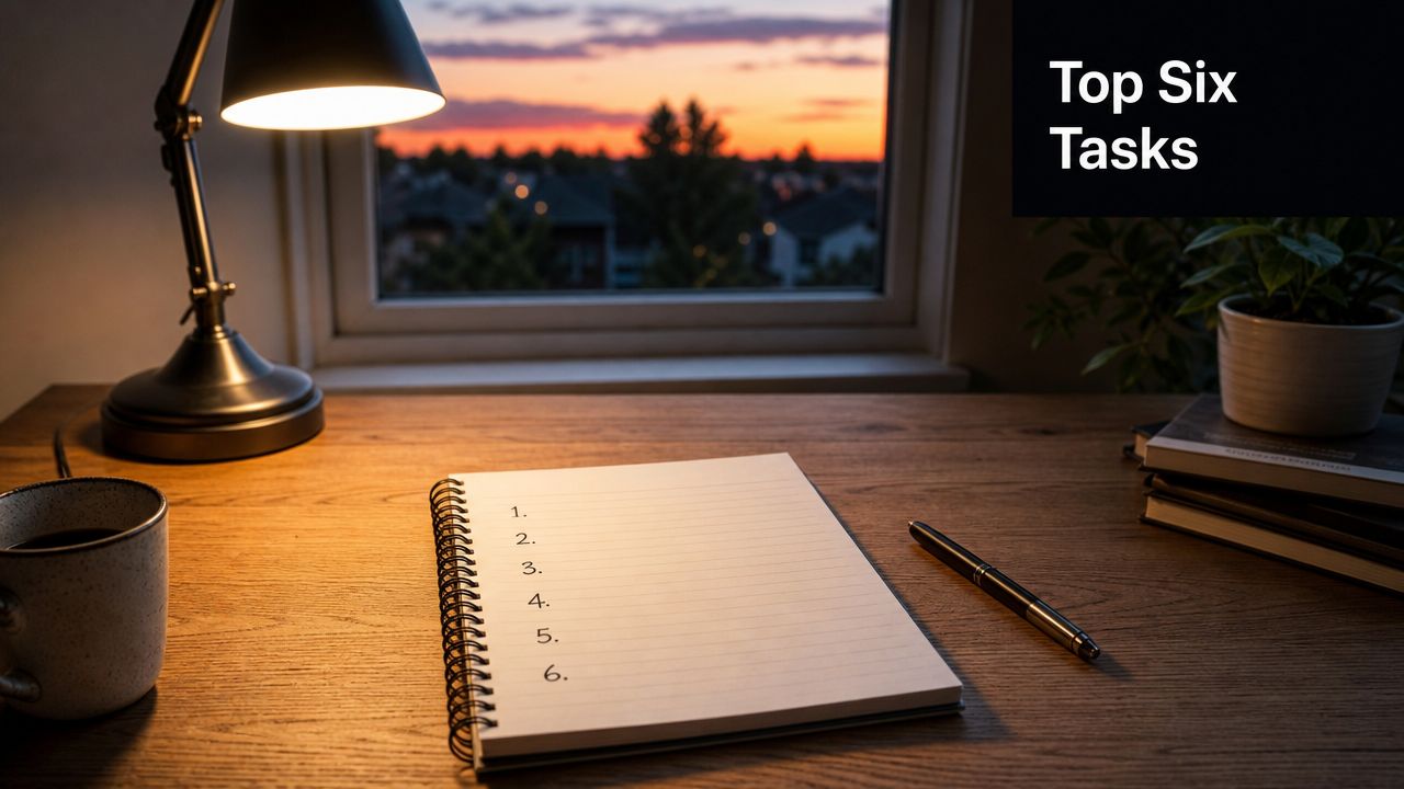 A spiral-bound notebook on a wooden desk with a blank numbered list for daily tasks.