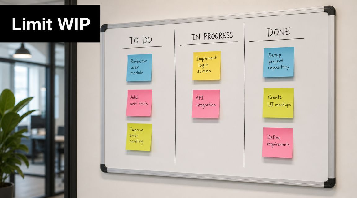 A whiteboard showing a Kanban project management board with tasks organized in columns for workflow visualization.