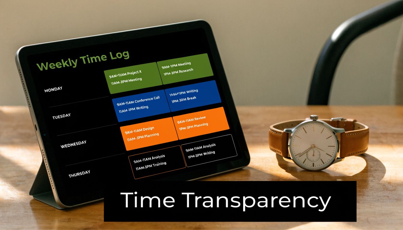 A digital tablet displaying a weekly work schedule next to a wristwatch on a wooden table.