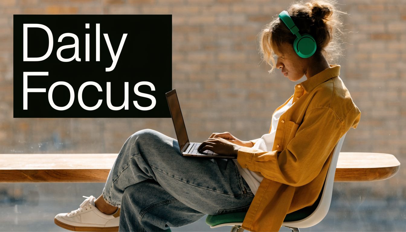 A young woman wearing headphones sits in a chair focusing on work on her laptop computer.