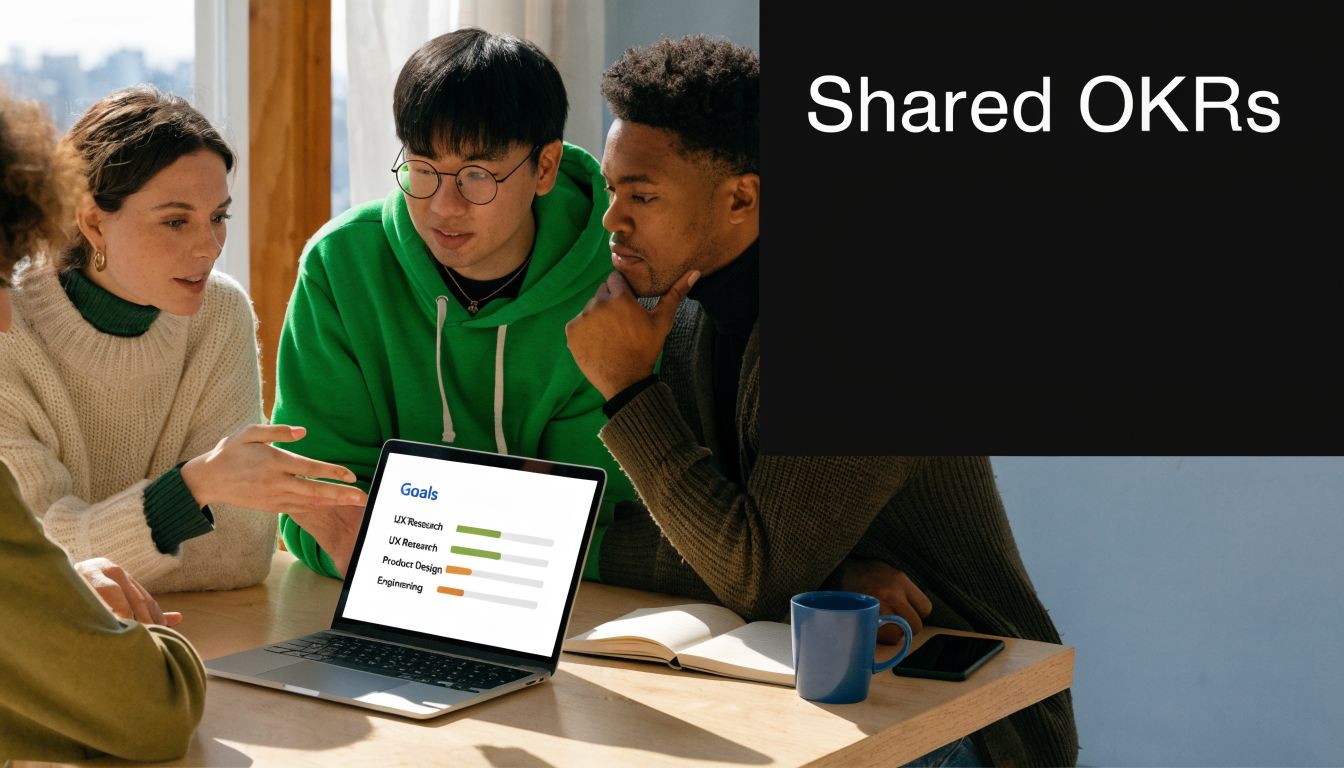 A diverse team collaborating around a laptop displaying a list of project goals and progress bars.