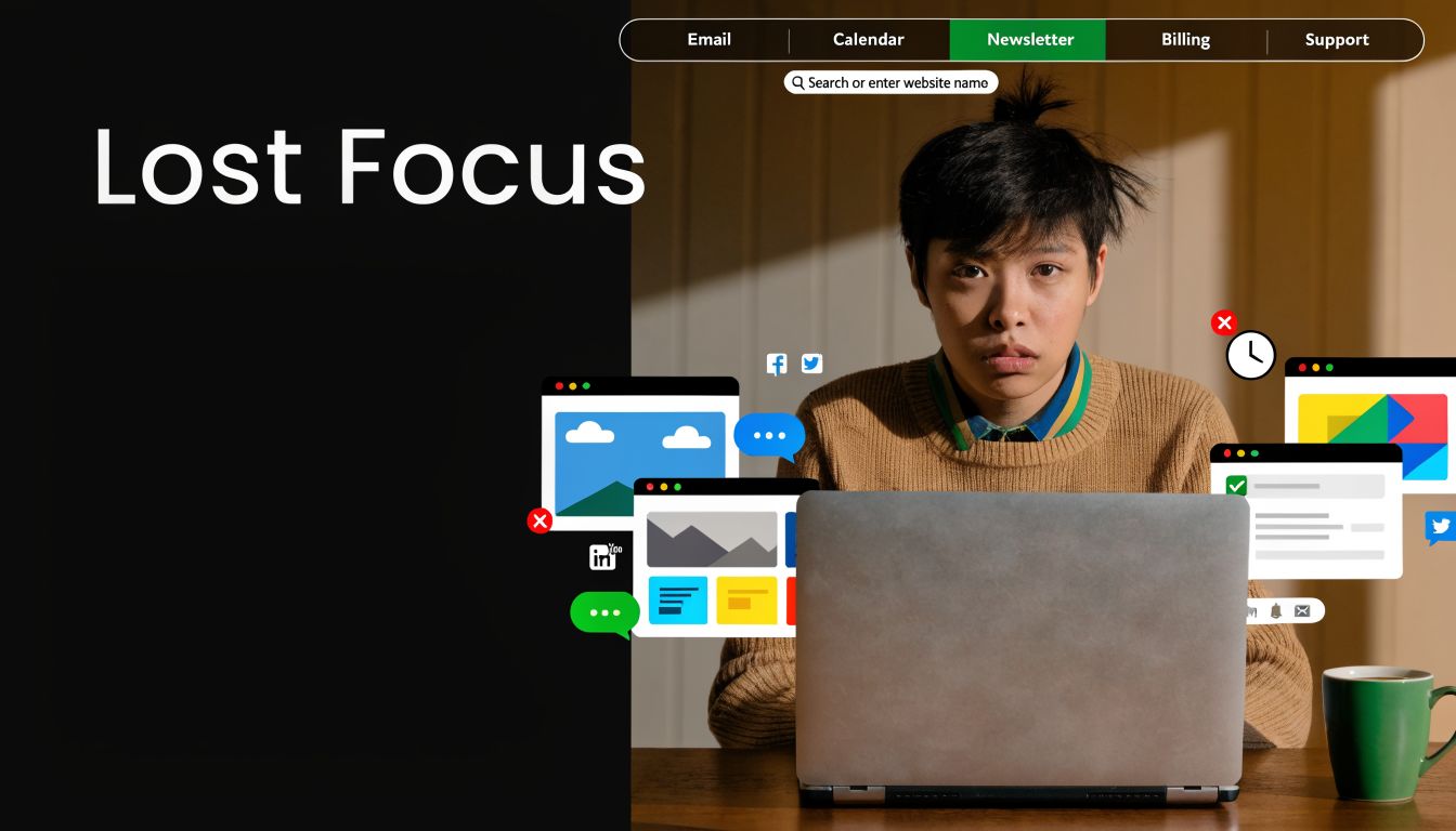 A person looking overwhelmed while working on a laptop surrounded by multiple digital task window distractions.