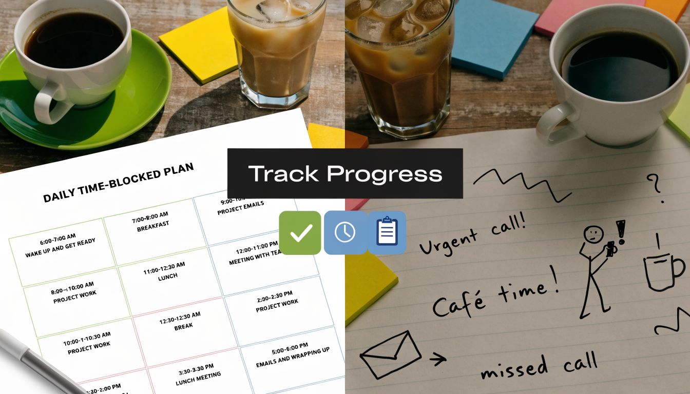 A daily time-blocked planner sheet next to coffee cups, notes, and sketched icons on a wooden surface.