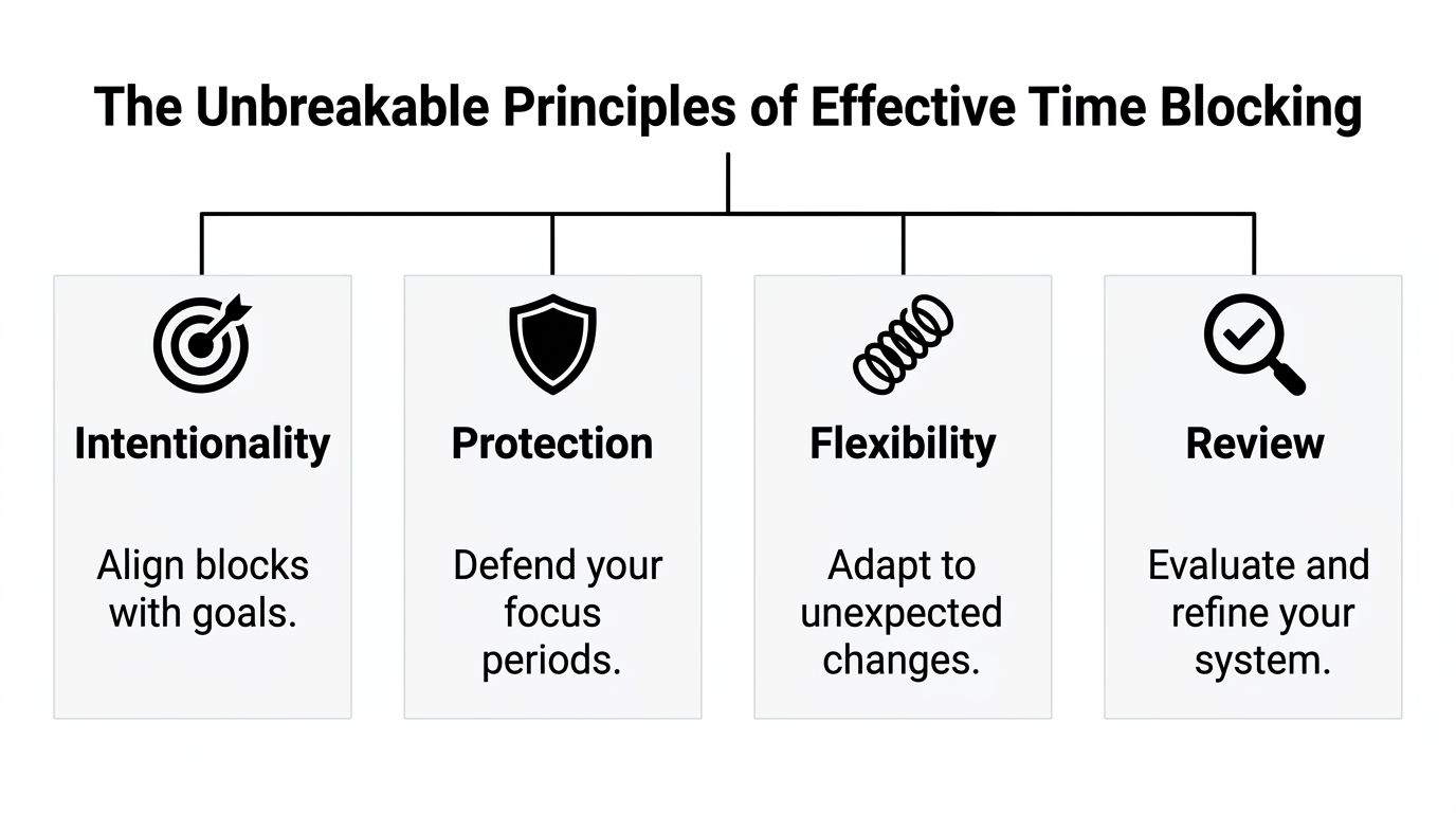 A diagram titled The Unbreakable Principles of Effective Time Blocking featuring four icons representing intentionality, protection, flexibility, and review.