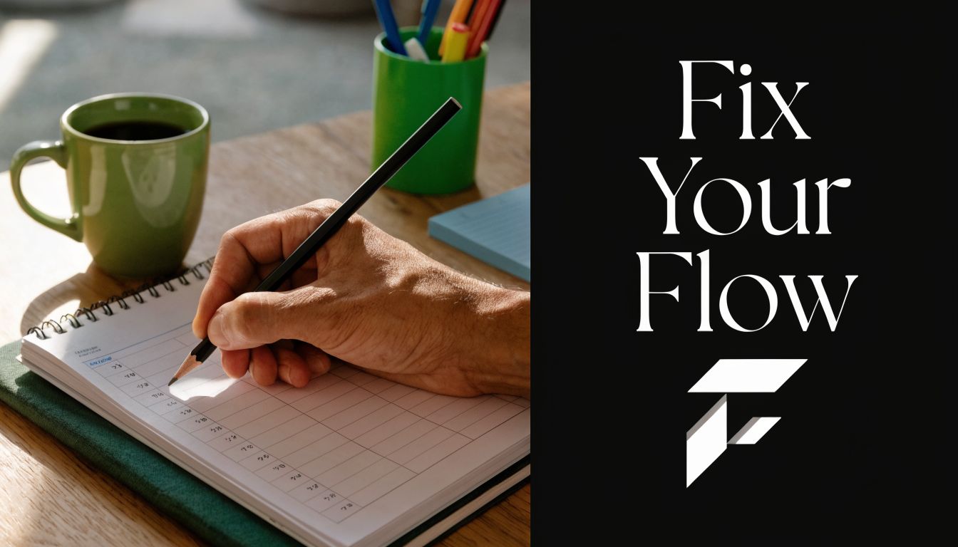 A close-up view of a person hand writing in a time blocked calendar planner on a desk.