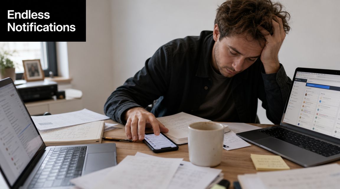 A stressed entrepreneur sitting at a desk overwhelmed by endless notifications across multiple digital devices.