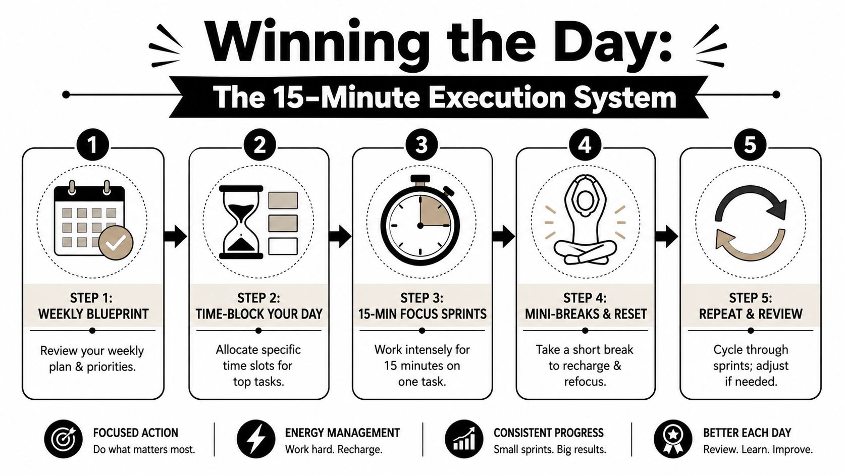 A five-step infographic titled Winning the Day illustrating a 15-minute execution system for productive task management.