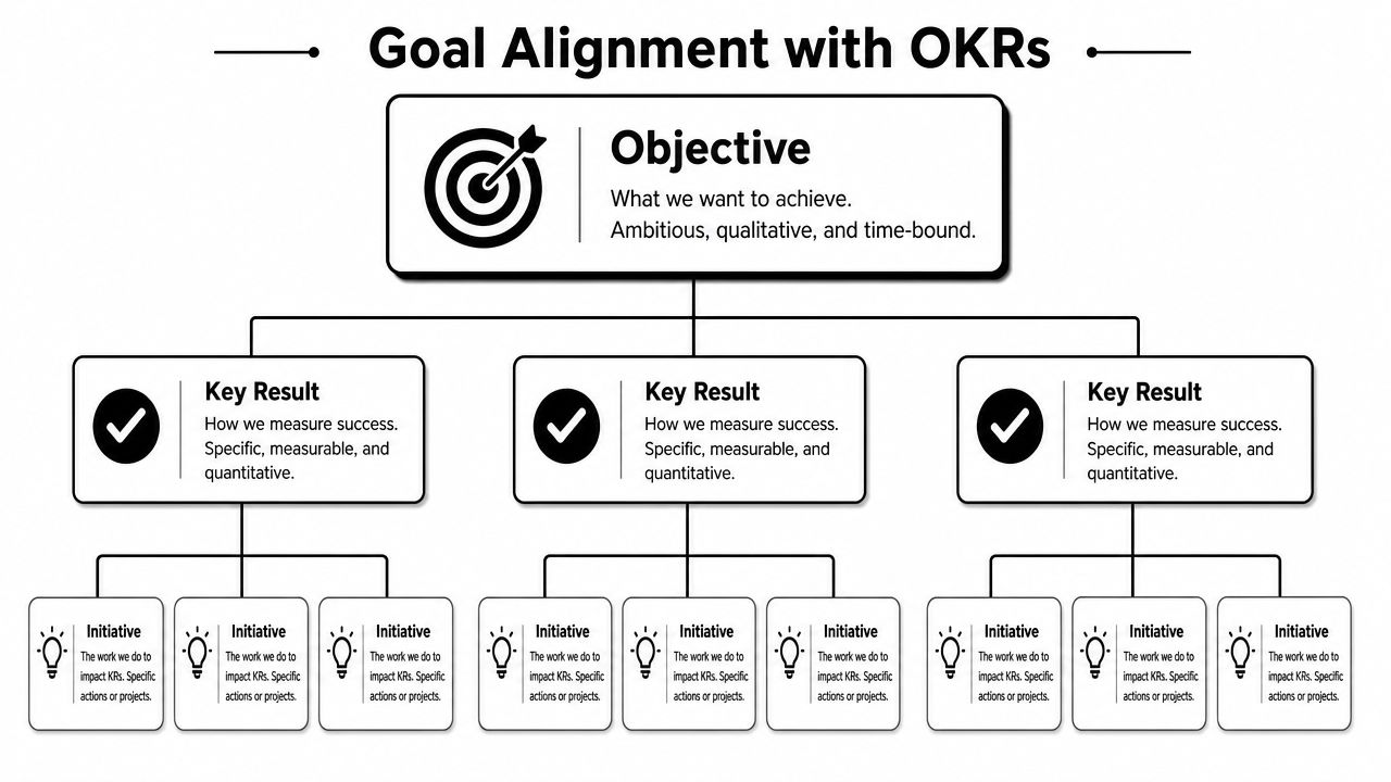 A diagram illustrating goal alignment with OKRs, featuring an objective, three key results, and nine initiatives.