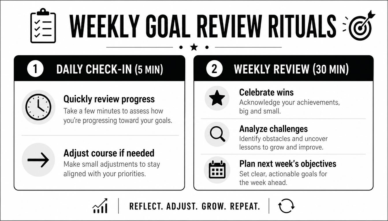 An infographic titled Weekly Goal Review Rituals outlining a daily five-minute check-in and weekly thirty-minute review process.