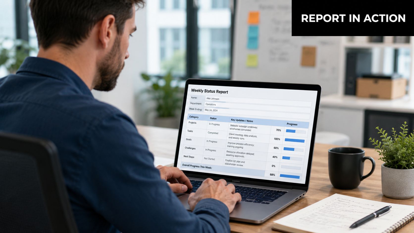 A professional man reviewing a weekly status report on a laptop screen while working in an office.