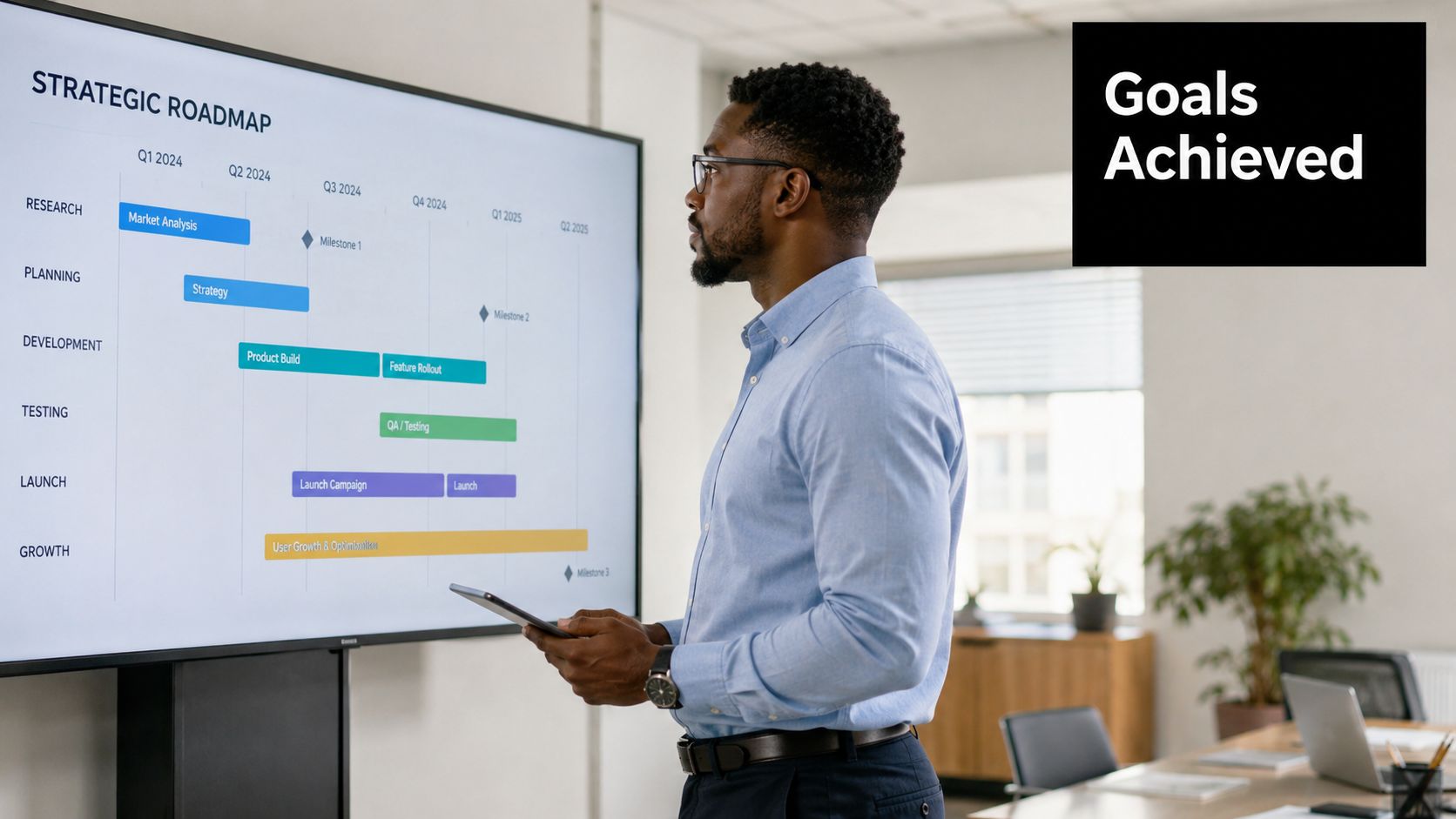 A professional man holding a tablet while reviewing a strategic business roadmap presentation on a large screen.