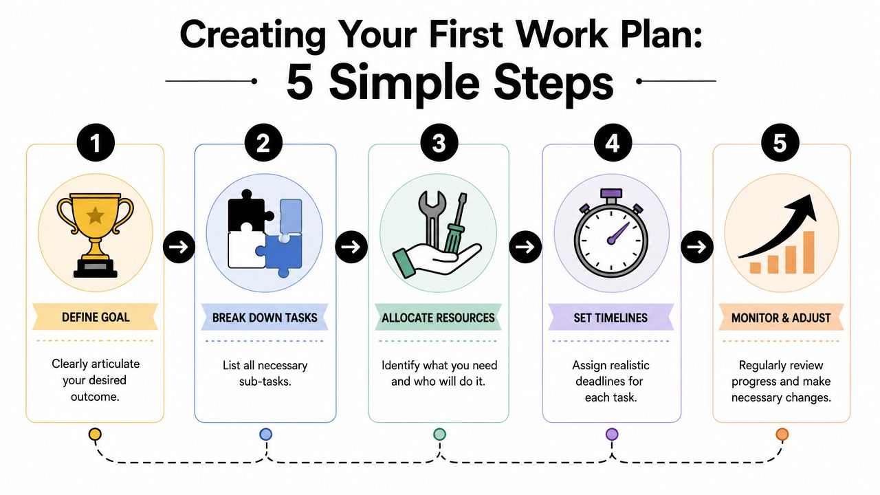 A diagram illustrating the five simple steps for creating a professional work plan for your business.