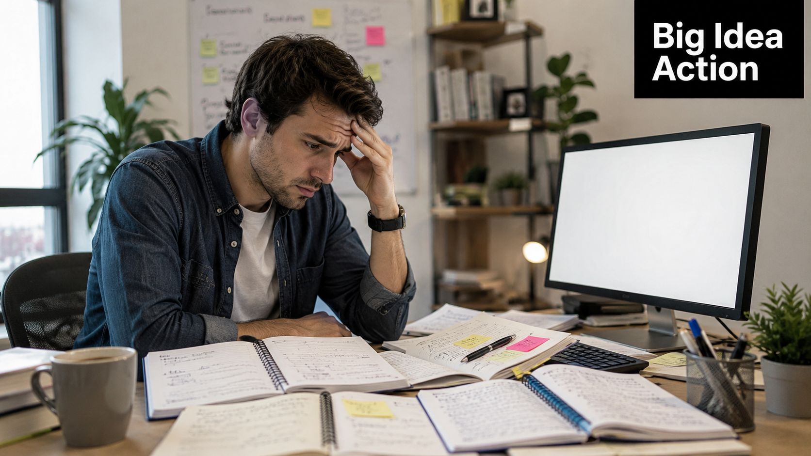 A stressed man sitting at his desk, surrounded by notebooks and a computer while planning his work.