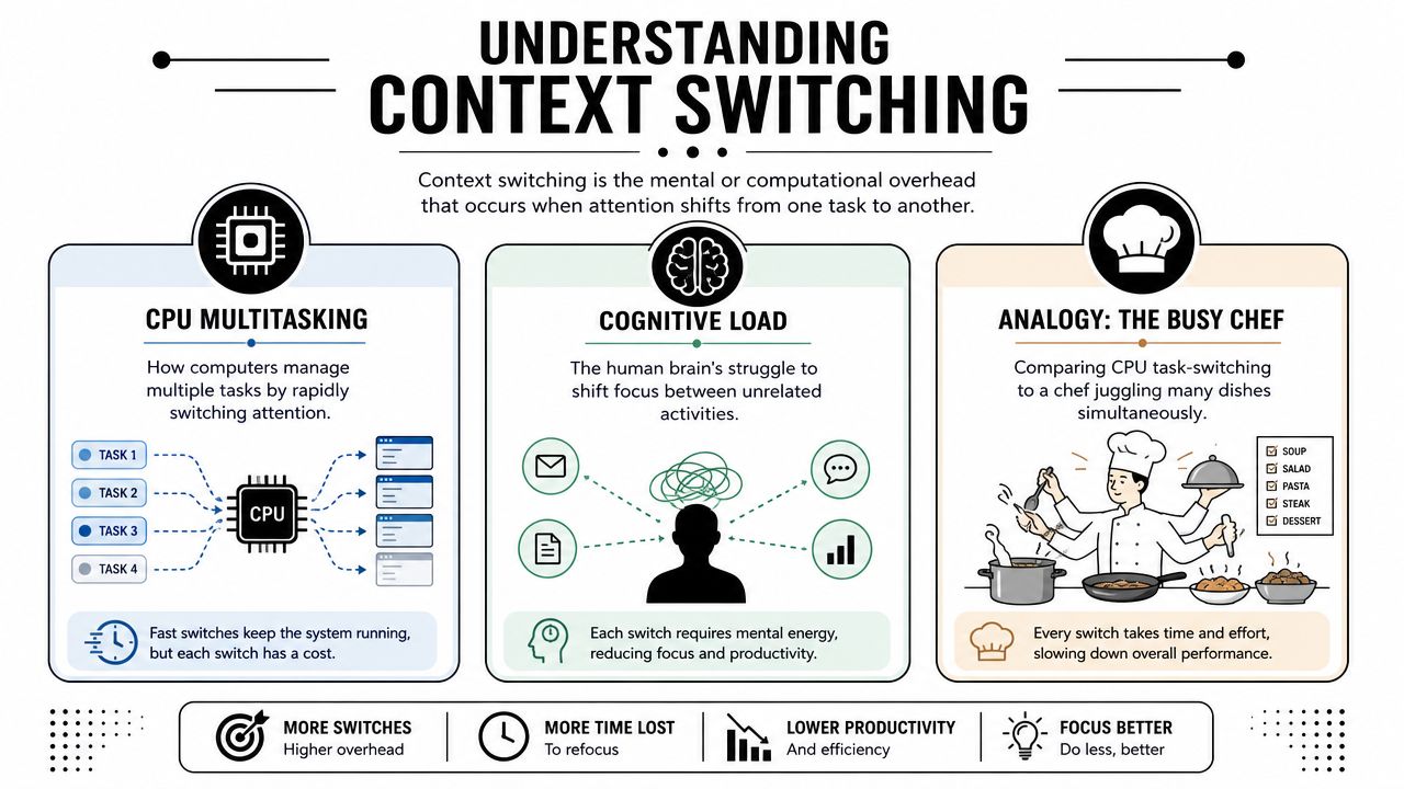 An infographic explaining context switching through CPU multitasking, human cognitive load, and a chef analogy.